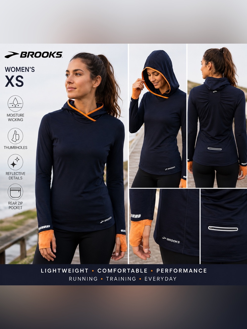 Brooks Women’s XS Running Hoodie Navy Orange Thumbhole Pullover Reflective Top